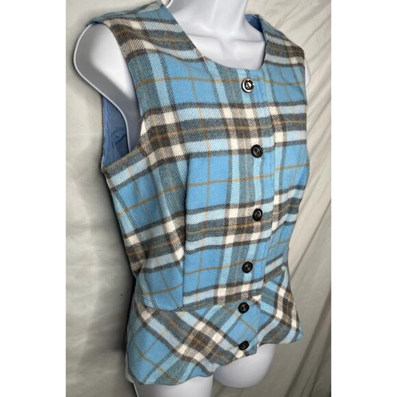 Peplum Blue Plaid Vest Button Up Size S-M Made in Japan Vintage 1960s - Picture 2 of 7